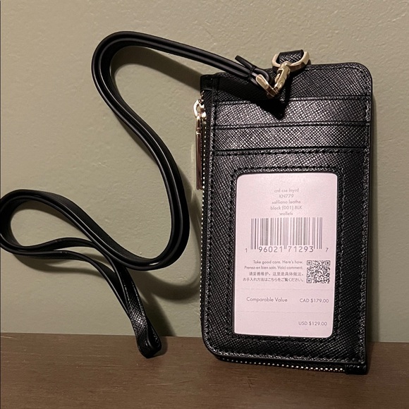 kate spade Black Saffiano Leather Lanyard Card Slots and Zipper Pouch - Picture 2 of 4
